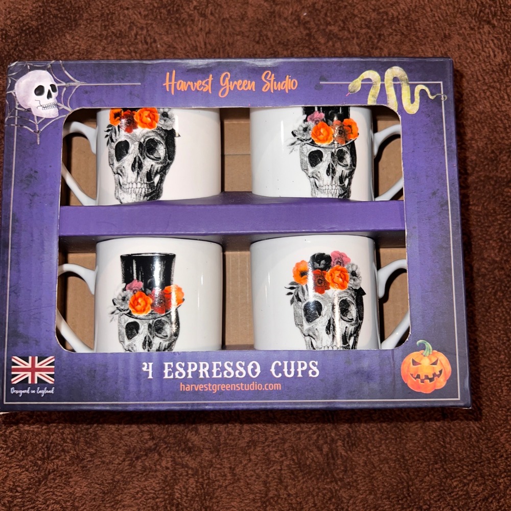 Harvest Green Studio Halloween Sugar Skull Espresso Cups Set of 4 Unopened NEW